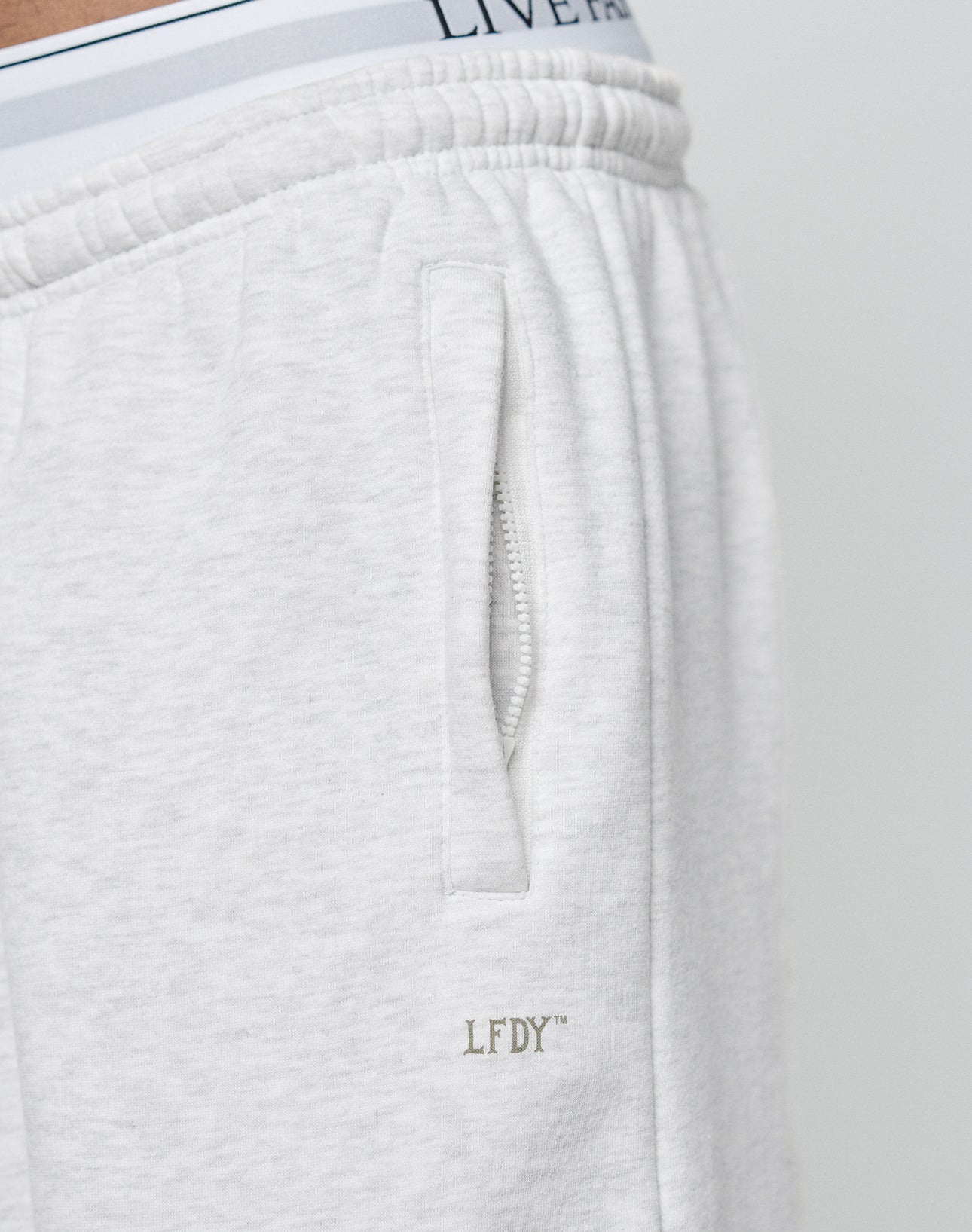 Close-up of the Basic Wide Jogger by LIVE FAST DIE YOUNG in light grey, featuring a zippered side pocket, elastic waistband with drawstring, logo print near the pocket, and white underwear with LIVER visible at the top.