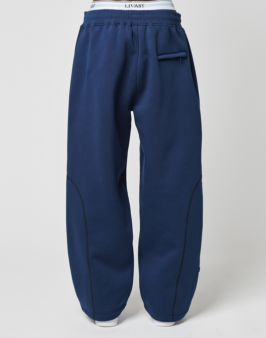A person in LIVE FAST DIE YOUNG's LFDY Active Fleece Jogger—wide fit navy sweatpants with black seams and a flap pocket—paired with white shoes, stands against a plain light background.