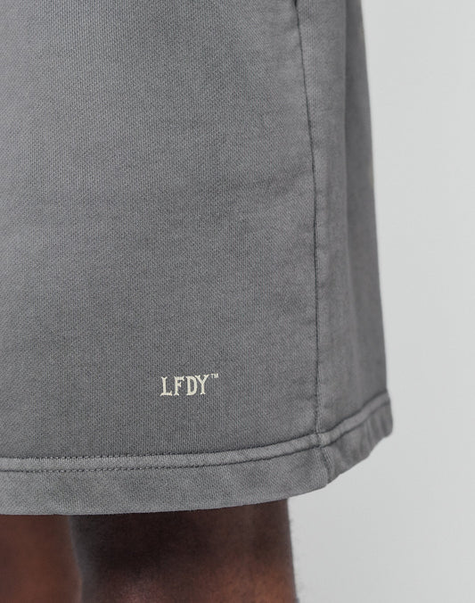 Close-up of a person wearing LIVE FAST DIE YOUNG Basic Sweat Shorts in gray with an elastic waistband, regular fit, and white LFDY™ logo print near the hem.