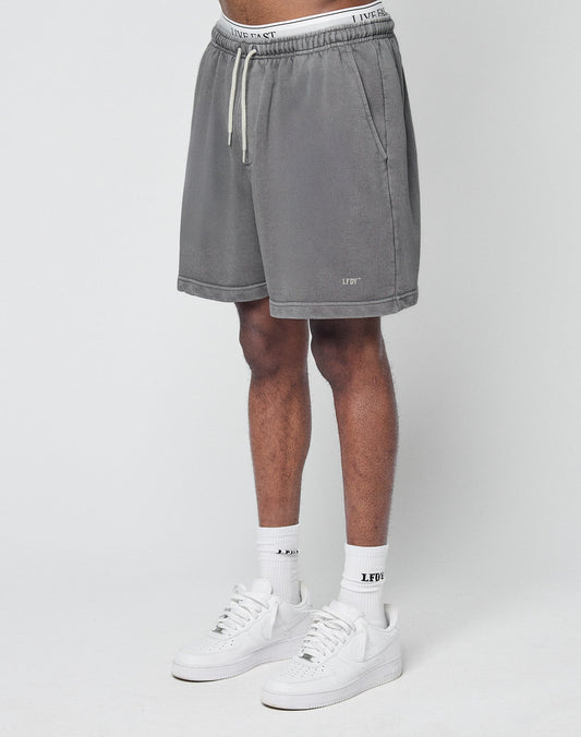A person wears LIVE FAST DIE YOUNG Basic Sweat Shorts in gray with elastic waistband, side pockets, drawstring, and logo print. The regular fit and LFDY-branded waistband ensure comfort, all shown against a plain white background. | model