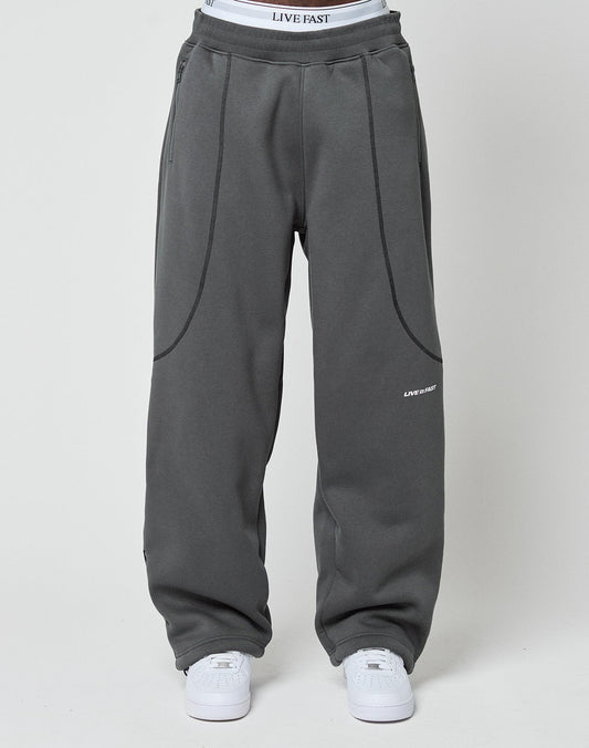 A person wears LFDY Active Fleece Jogger by LIVE FAST DIE YOUNG in wide fit, dark gray with subtle seams and flatlock-topstitching, paired with white sneakers. The waistband of LIVE FAST logo underwear is visible above the joggers.