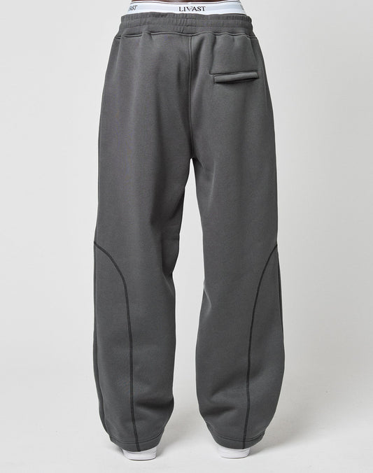 The LFDY Active Fleece Jogger by LIVE FAST DIE YOUNG features a wide fit, visible seam details, flatlock-topstitching, a small front flap pocket, and exposed white waistband elastic, shown against a plain light background.