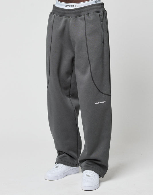 A person models the LIVE FAST DIE YOUNG LFDY Active Fleece Jogger in wide fit, dark gray, featuring zippered pockets and white LIVE FAST logos on the pocket area and waistband, styled with white sneakers against a plain background.