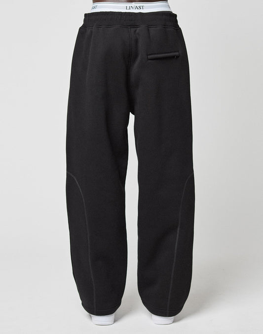 Back view of a person wearing the LFDY Active Fleece Jogger by LIVE FAST DIE YOUNG in wide fit black with contrast stitching, a single back pocket, and visible white waistband. The plain background highlights its relaxed style.