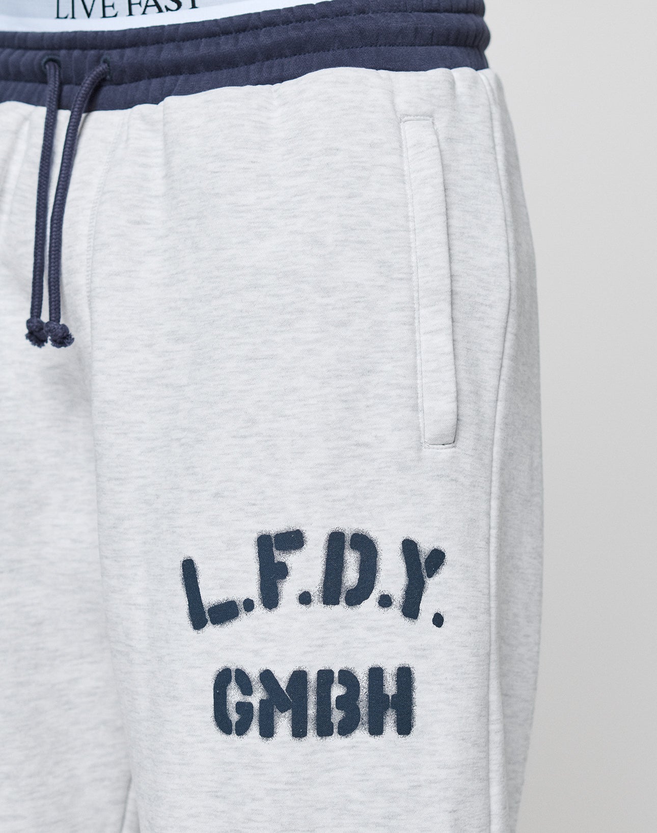 Close-up of the LFDY District Jogger by LIVE FAST DIE YOUNG: light gray, wide fit sweatpants with dark blue drawstrings, "L.F.D.Y." and "GMBH" stitched in bold dark blue on the left thigh, next to a zippered side pocket.
