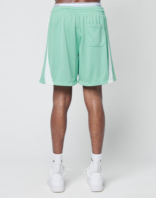 A person faces away wearing LIVE FAST DIE YOUNG Striped Mesh Shorts in mint green with a back pocket, white vertical side stripes, plus white socks and sneakers, all against a plain white background.