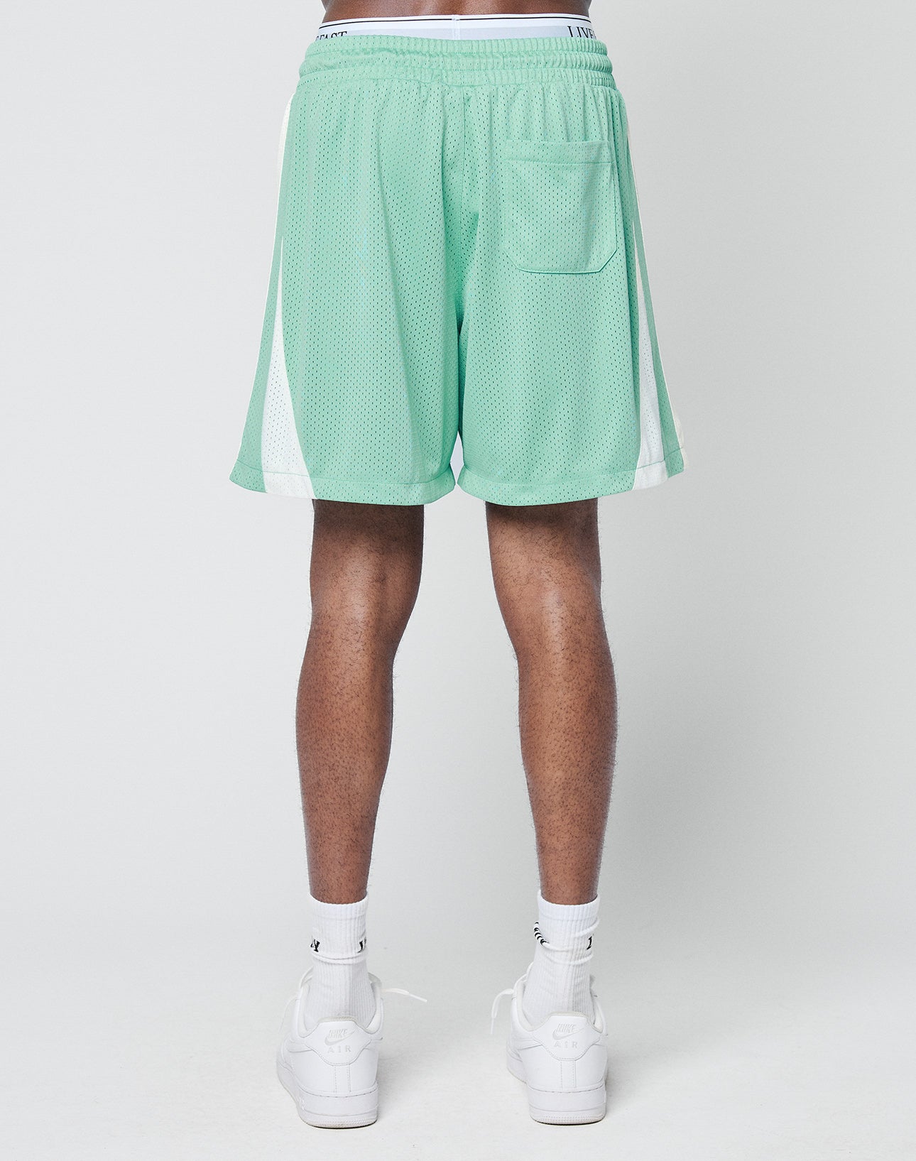 A person faces away wearing LIVE FAST DIE YOUNG Striped Mesh Shorts in mint green with a back pocket, white vertical side stripes, plus white socks and sneakers, all against a plain white background.
