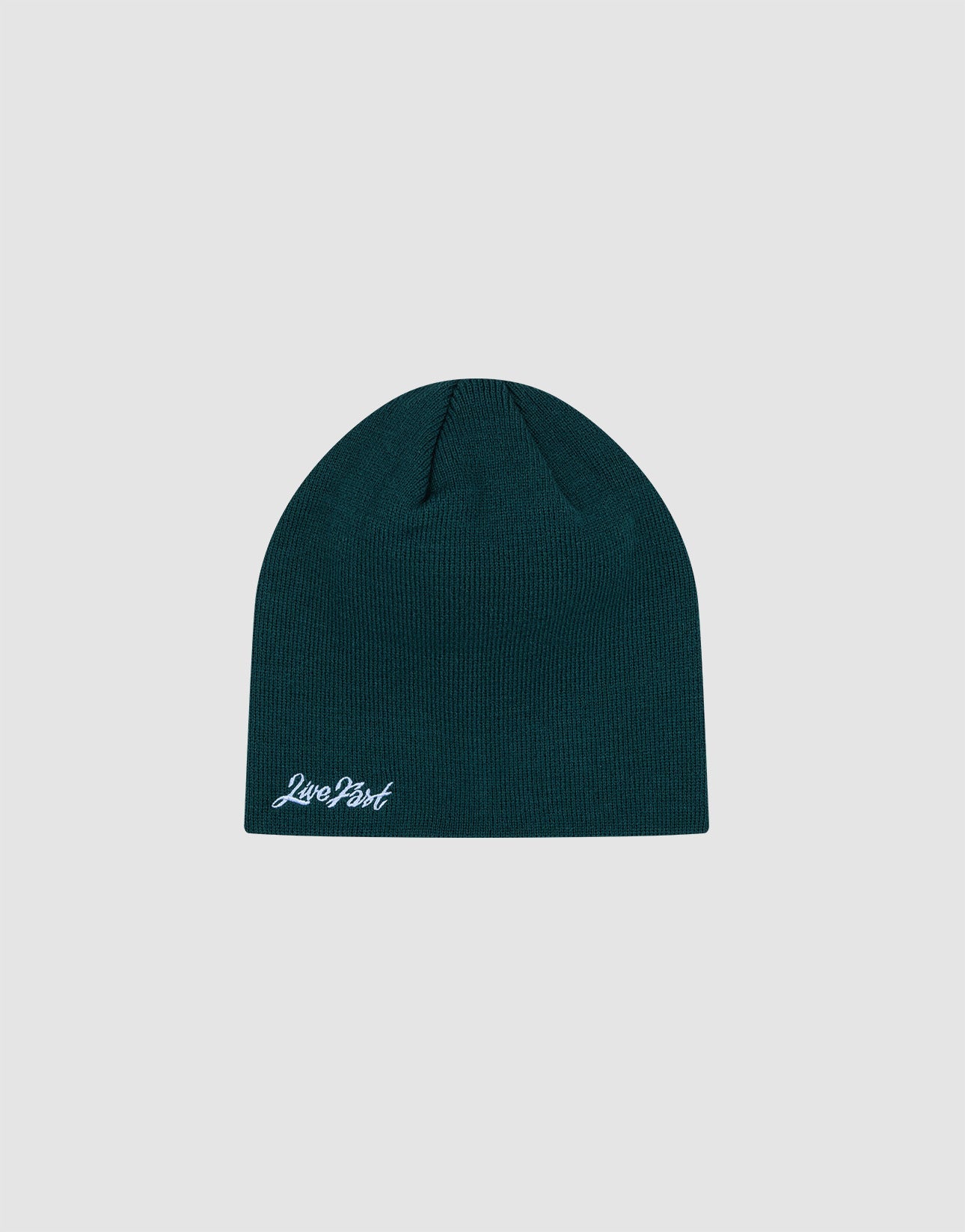 A dark green Script Beanie by LIVE FAST DIE YOUNG, featuring a small white Low Point Logo-Stick embroidered near the bottom edge. One size fits most. Shown on a plain light gray background.| plain 