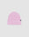 The LIVE FAST DIE YOUNG Double Rib Knit Beanie features a light pink ribbed polyamide design, folded cuff, and a small black side flag-label, shown against a plain white background.