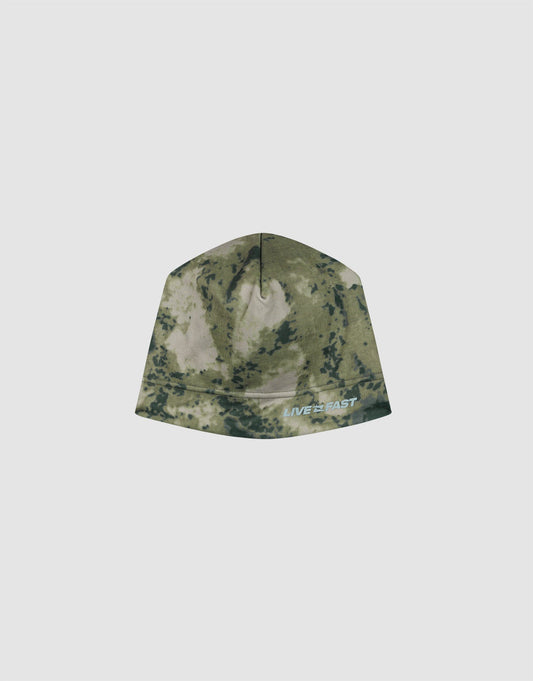 The Live Fast Performance Beanie by LIVE FAST DIE YOUNG features a green and beige camo print, a cozy fleece lining, and a white and blue "LIVE FAST" logo near the edge, displayed on a plain light gray background.