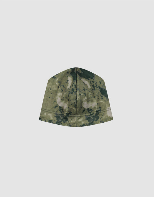 The LIVE FAST DIE YOUNG Live Fast Performance Beanie, featuring a green and black camouflage pattern and soft fleece lining, is shown against a plain light gray background.