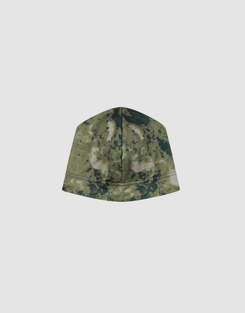 The LIVE FAST DIE YOUNG Live Fast Performance Beanie, featuring a green and black camouflage pattern and soft fleece lining, is shown against a plain light gray background.
