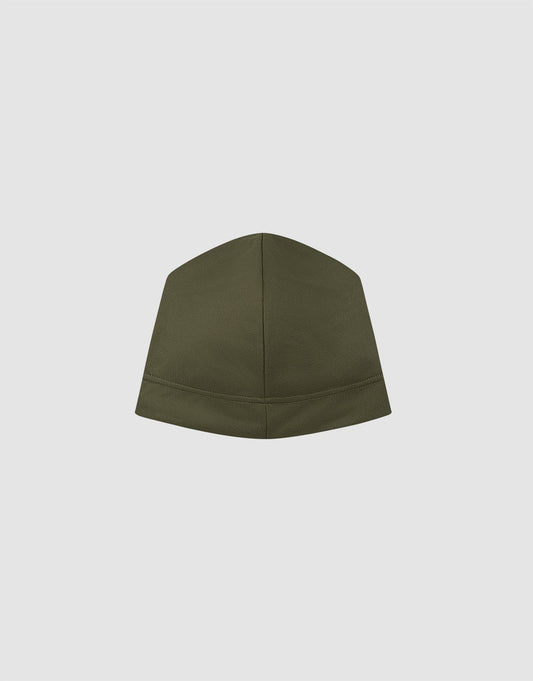 The Live Fast Performance Beanie by LIVE FAST DIE YOUNG is olive green, structured and fitted with visible seams and a reflective logo print, shown on a plain white background.
