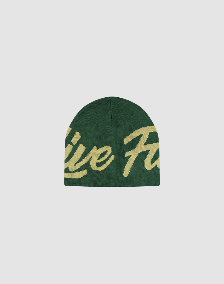 The LFDY Jacquard Beanie by LIVE FAST DIE YOUNG is a green knit beanie in soft Polyamid, featuring large cursive yellow lettering across the front. Displayed on a plain light gray background. Style code: LF2510-18712.