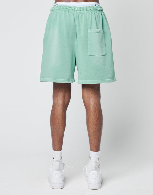 A person faces away, wearing LIVE FAST DIE YOUNG Basic Sweat Shorts in light green with a back pocket, white waistband, white crew socks, and white sneakers against a plain light background.