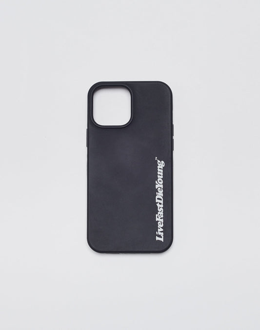 The LIVE FAST DIE YOUNG Basic Phone Case is a black TPU cover with an open camera slot and LiveFastDieYoung in white distressed text along the right side, shown on a plain white background.