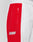 Close-up of a person wearing LIVE FAST DIE YOUNG LFDY Trackpants 3000—wide fit white pants with a red side panel, vertical zipper pocket, elastic waistband, and “3000” embroidered in white on the red section.