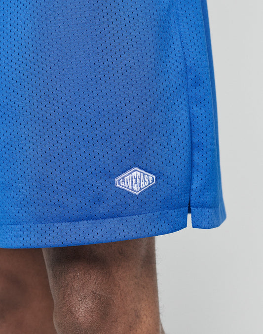 Close-up of a person’s leg wearing blue Basic Mesh Shorts by LIVE FAST DIE YOUNG, featuring a small white logo on the lower hem, elastischer Bund for comfort, and breathable Polyester. The background is plain light gray.