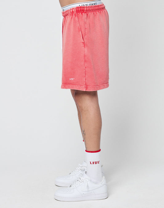 A person stands sideways wearing LIVE FAST DIE YOUNG Basic Sweat Shorts in pink, white “LFDY” socks, and white sneakers. Only the lower half of their body is shown against a plain white background.