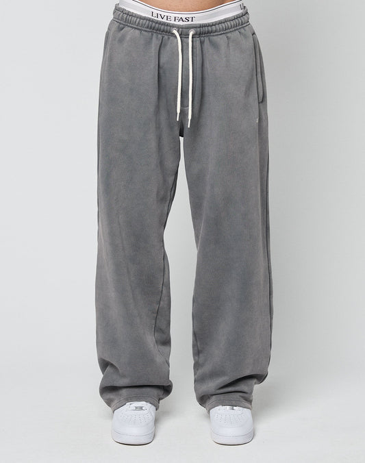 A person wears LIVE FAST DIE YOUNGs Basic Wide Jogger—loose-fitting gray sweatpants with a logo print and elastic drawstring waist—paired with white sneakers, standing against a plain light background.