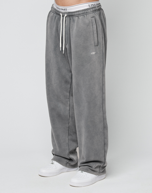 A person wearing LIVE FAST DIE YOUNG Basic Wide Jogger sweatpants in gray with a left thigh logo, wide fit, and white sneakers stands against a plain white background. | model