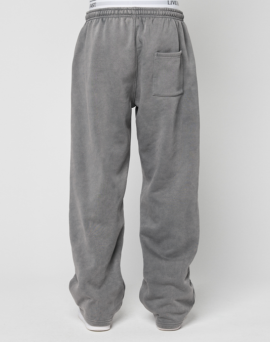 A person wears LIVE FAST DIE YOUNG's Basic Wide Jogger—oversized fit, gray sweatpants with an elastic waistband and one back pocket—standing against a white background, showing only the lower half of the body.