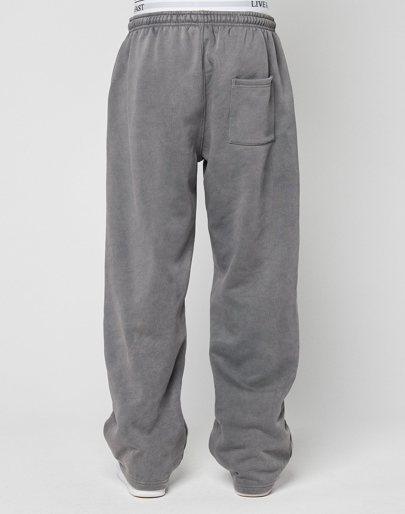 Back view of a person wearing LIVE FAST DIE YOUNG Basic Wide Jogger, oversize gray sweatpants with an elastic waistband with drawstring and a single right back pocket, standing against a plain light gray background.