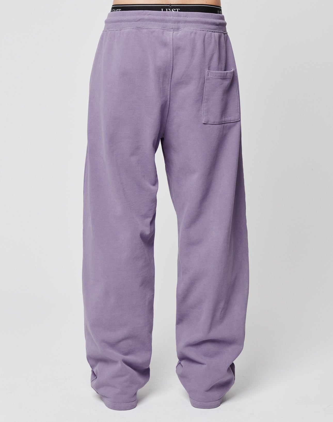A person wears LIVE FAST DIE YOUNGs Basic Wide Jogger—loose-fitting, light purple cotton sweatpants with a wide fit, black elastic waistband partially visible, and a handy back pocket—against a plain white background.