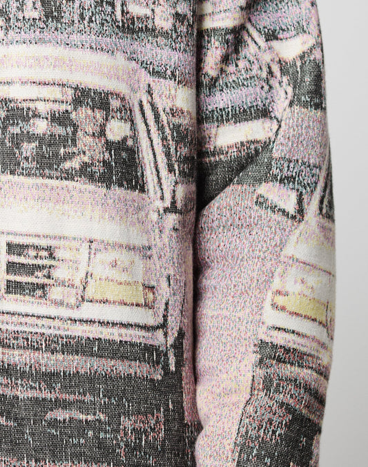 Close-up of the LFDY Chase Jacket by LIVE FAST DIE YOUNG, showing a printed car traffic pattern with detailed headlights and drivers, creating a textured, abstract effect in an oversized fit.