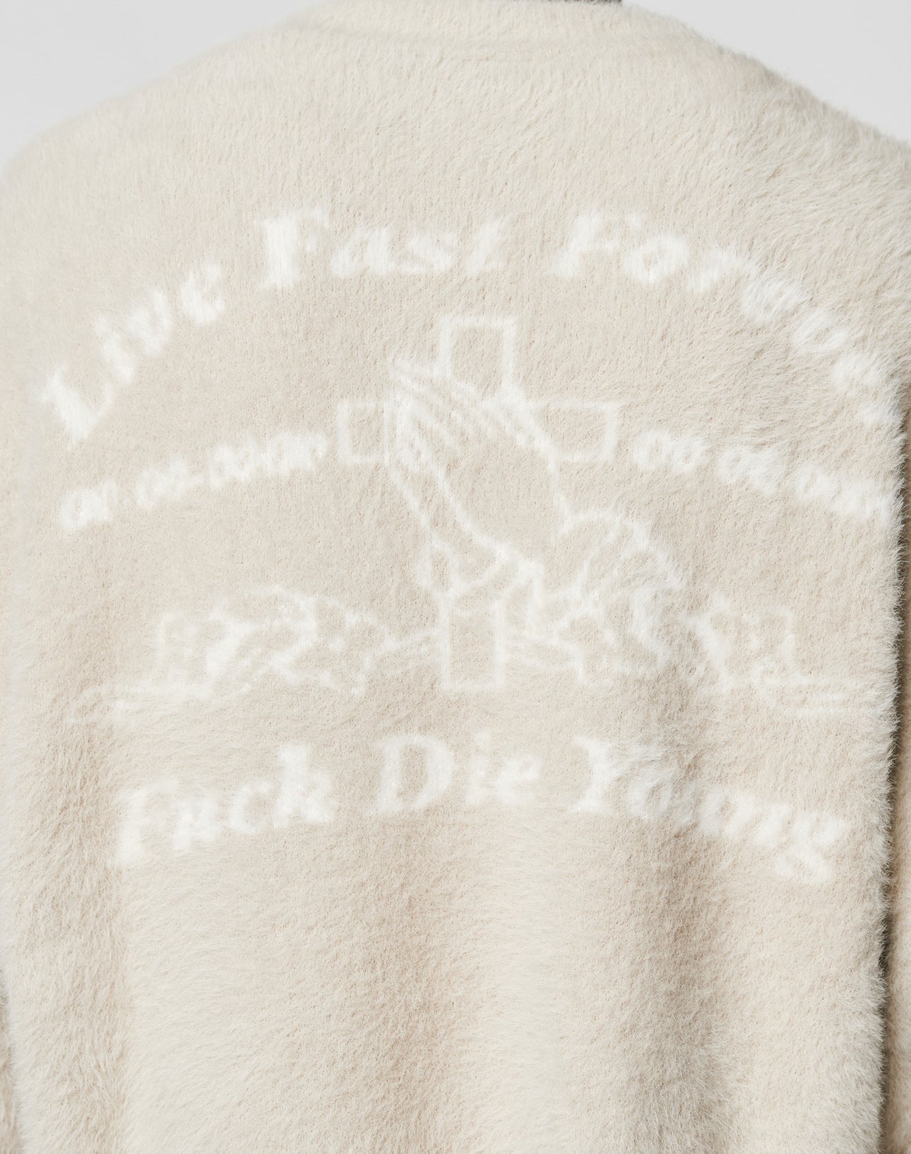 The LFDY Praying Fuzzy Sweater by LIVE FAST DIE YOUNG is a beige, fuzzy oversized top with a Rundhals collar, featuring white intarsia logo text and praying hands with crosses, plus bold and faded Live Fast Forever, Fuck Die Young text.