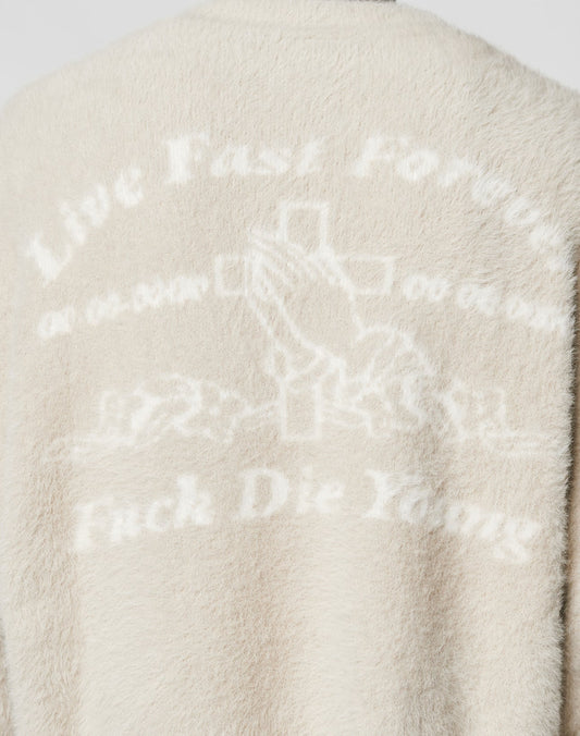 The LFDY Praying Fuzzy Sweater by LIVE FAST DIE YOUNG is a beige, fuzzy oversized top with a Rundhals collar, featuring white intarsia logo text and praying hands with crosses, plus bold and faded Live Fast Forever, Fuck Die Young text.