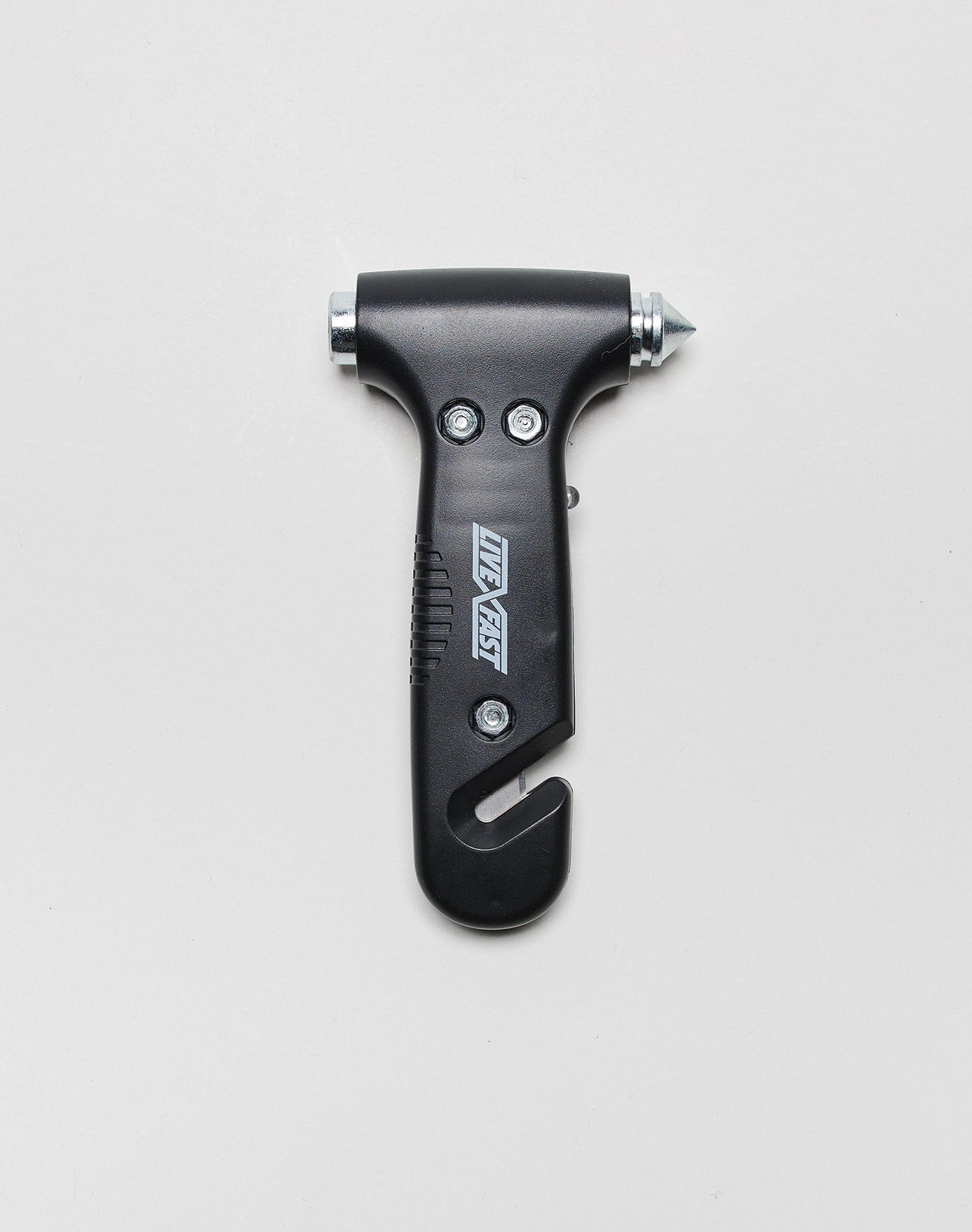 The LFDY Emergency Hammer by LIVE FAST DIE YOUNG is a black, one-size car safety tool with a seatbelt cutter, pointed metal window breaker, logo print, and model LF2503-16986. Shown on a white background.