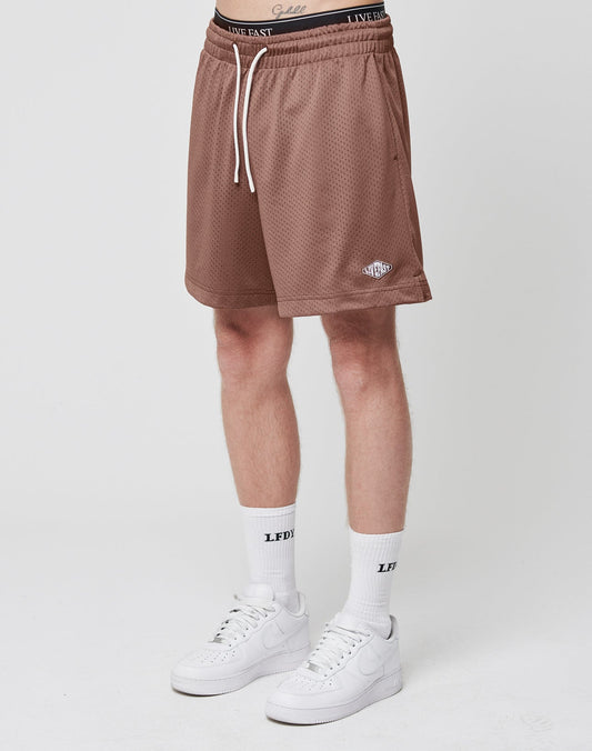 A person in LIVE FAST DIE YOUNG Basic Mesh Shorts with a logo patch and white drawstring, white socks with LFDY text, and white sneakers stands against a plain white background. | model