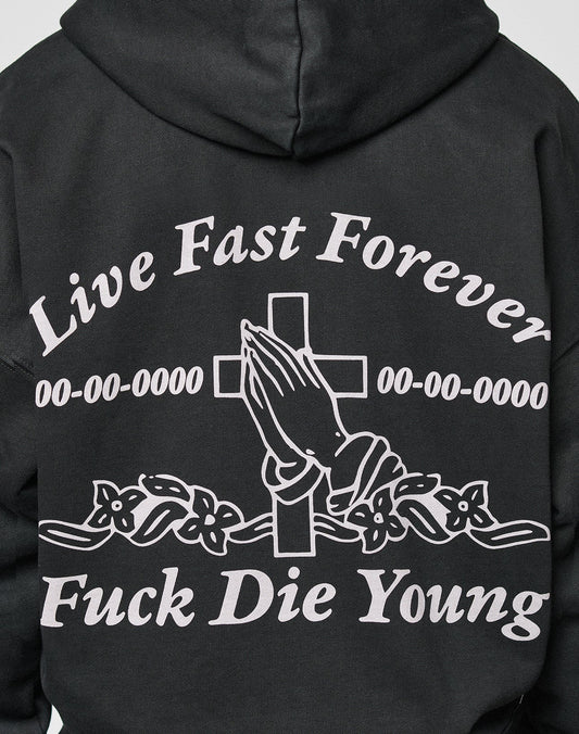 The LFDY Praying Hooded Zip by LIVE FAST DIE YOUNG is an oversize hoodie with a distressed effect, featuring Live Fast Forever and Fuck Die Young text, praying hands with a cross, floral details, and 00-00-0000 dates.