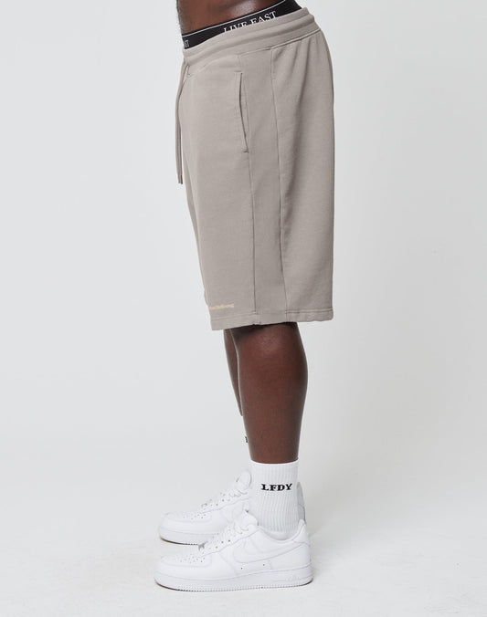 A person stands sideways in taupe Basic Heavy Shorts by LIVE FAST DIE YOUNG with a Regular Fit, black waistband, paired with white LFDY socks and white Nike sneakers against a plain white background.