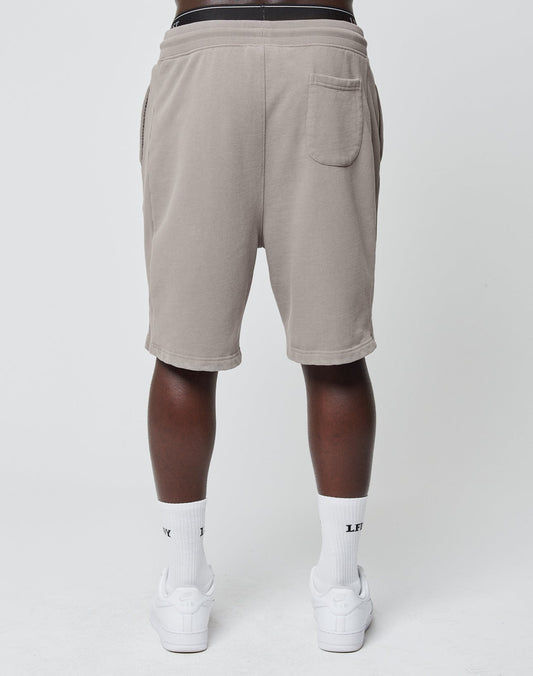 A person stands with their back to the camera, wearing LIVE FAST DIE YOUNG Basic Heavy Shorts in light gray Regular Fit, featuring a single right back pocket, paired with white socks and sneakers.
