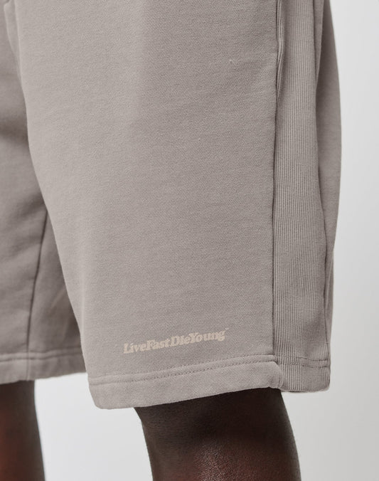 A close-up of a person wearing LIVE FAST DIE YOUNGs Basic Heavy Shorts in light brown, featuring a subtle LiveFastDieYoung logo near the hem and crafted for a comfortable regular fit.