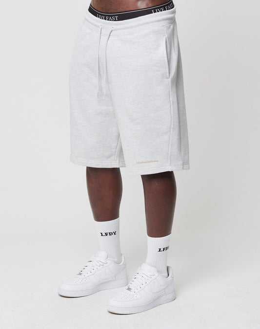 A person wears Basic Heavy Shorts in light gray, regular fit, knee-length with side pockets and elastic drawstring waist featuring LIVE FAST by LIVE FAST DIE YOUNG, paired with white LEDY socks and white sneakers on a plain white background. | model