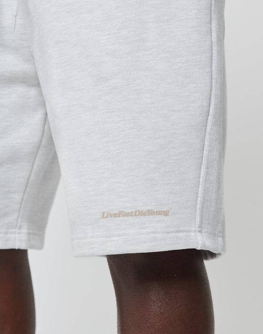 A close-up of a person in LIVE FAST DIE YOUNG Basic Heavy Shorts—light gray, regular fit, with an elastic waistband and a small gold LiveFastDieYoung logo near the hem.