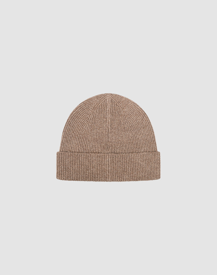 The Live Fast Boucle Beanie by LIVE FAST DIE YOUNG features brown ribbed knit polyester, a folded cuff, and subtle flag-label detail. Displayed on a light gray background. One size for a comfortable, versatile fit.