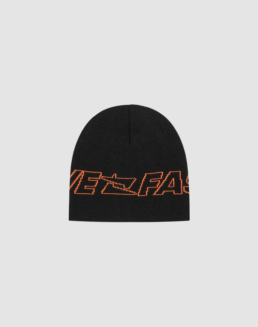 A black Polyacryl Live Fast Jacquard Beanie by LIVE FAST DIE YOUNG features bold, partially visible orange lettering (VE FAST) in a dynamic italic font, part of the Logo Strick LF2503-17393 collection.| plain 