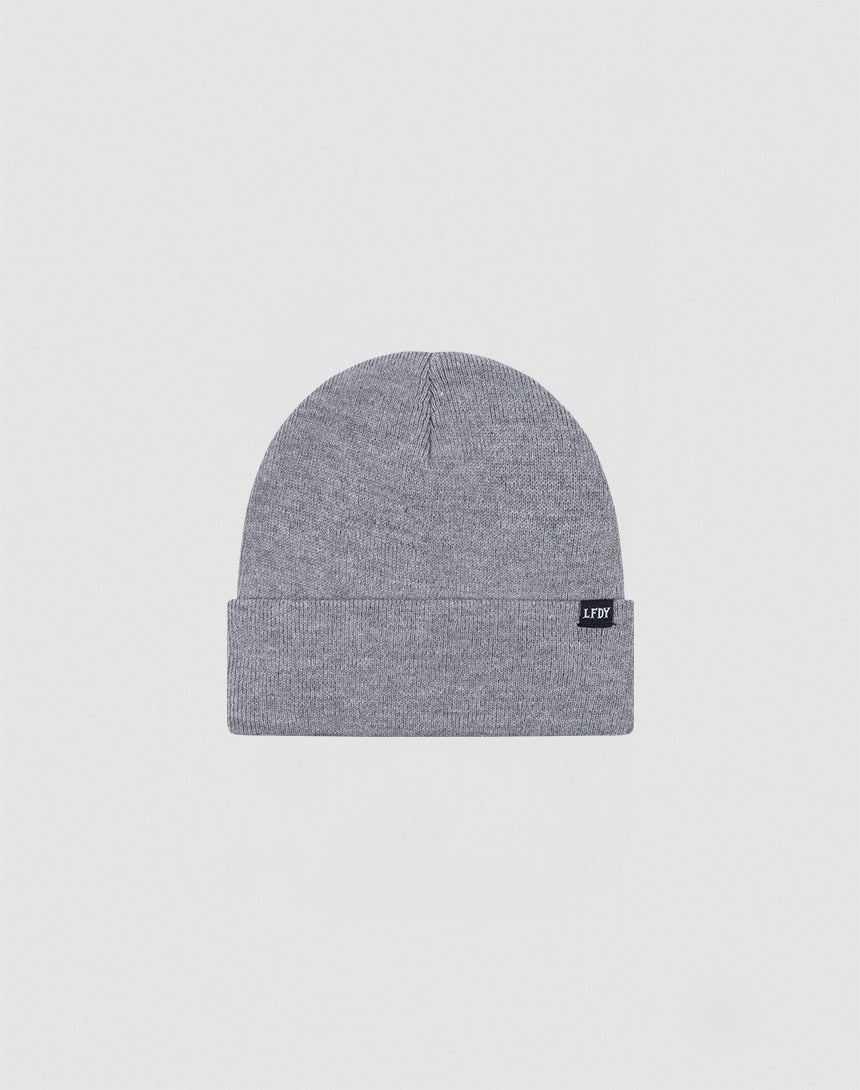 The LIVE FAST DIE YOUNG Basic Beanie (LF2310-14710) is a gray knit polyacryl hat with a folded brim and a small black rectangular tag on the cuff, shown against a plain light background. One Size.