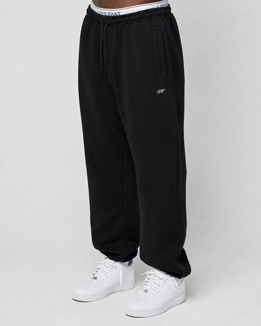 A person wears a Basic Loose Jogger by LIVE FAST DIE YOUNG with “LEFT” logo on the left leg, white high-top sneakers, and an elastic waistband featuring “LIVE FAST.” The background is plain and light-colored. | model