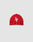 LFDY X NEW ERA 59FIFTY Low Profile fitted cap by LIVE FAST DIE YOUNG shown in red on a light gray background, with a white embroidered L F logo on the front and a shiny sticker on the flat brim.