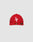 LFDY X NEW ERA 59FIFTY Low Profile fitted cap by LIVE FAST DIE YOUNG shown in red on a light gray background, with a white embroidered L F logo on the front and a shiny sticker on the flat brim.