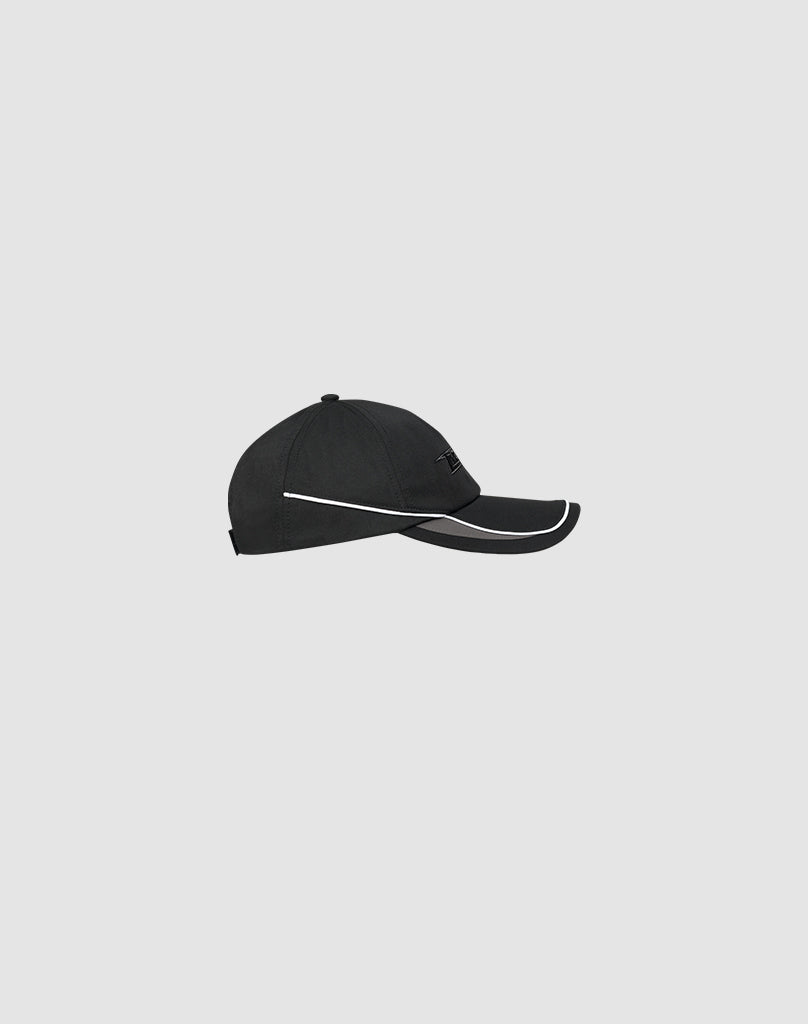 The Live Fast 3000 Cap by LIVE FAST DIE YOUNG is a black polyester baseball cap with white trim on the brim and a practical Klettverschluss, shown against a plain light gray background.
