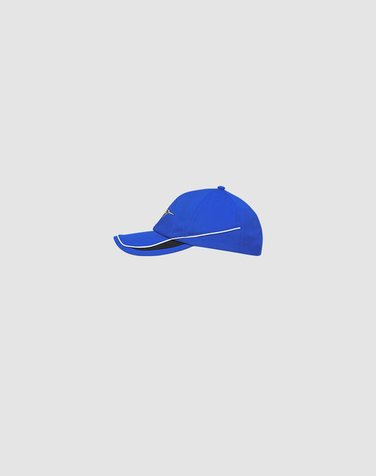 The LIVE FAST DIE YOUNG Live Fast 3000 Cap is a bright blue polyester baseball cap with a curved brim, white edge accents, and an adjustable Klettverschluss, shown on a plain light gray background.