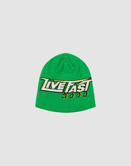 The Live Fast 3000 Beanie by LIVE FAST DIE YOUNG is a bright green polyacryl knit with a bold yellow, black, and white “LIVE FAST 3000” graphic on the front. Shown on a light gray background. One size fits all.| plain 