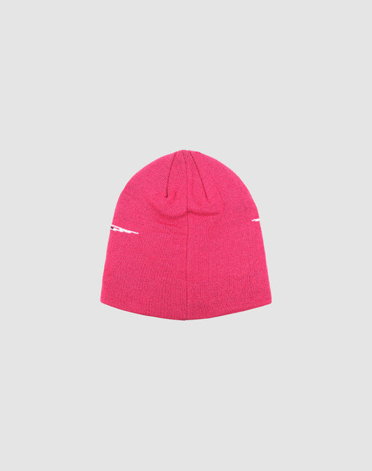 The Live Fast 3000 Beanie by LIVE FAST DIE YOUNG is a bright pink polyacryl knit hat with a simple Logo-Strick design and small white stitched details on each side, shown against a plain light gray background.