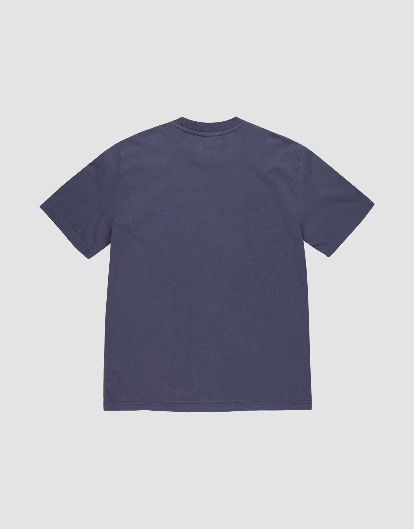 The LFDY Triple Racing Tee by LIVE FAST DIE YOUNG, a plain navy blue oversized short-sleeve T-shirt, is laid flat with the back side facing up on a light gray background.